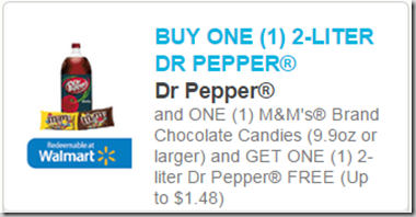 Get 3 Dr Pepper 2 Liters and a Large Bag of M&M’s for $3.49 at Walmart! Get 3 Dr Pepper 2 Liters and a Large Bag of M&M’s for $3.49 at Walmart!