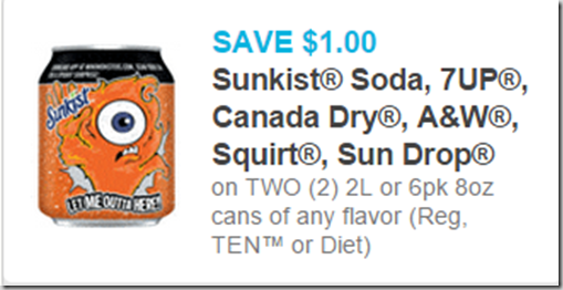 Sunkist, 7UP, Canada Dry, A&W, Squirt and Sun Drop 2L are $.50 Each at Walmart!