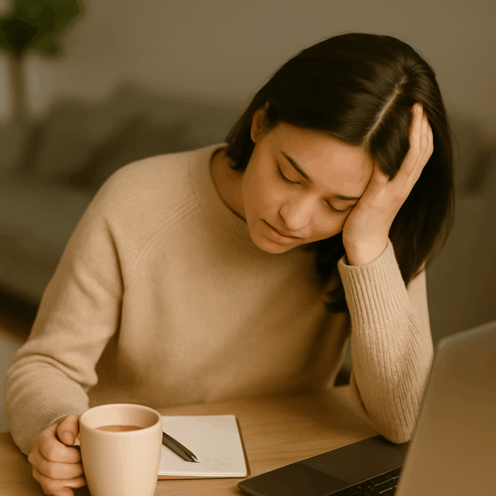 A tired woman in a beige sweater sits at a table with her hand on her forehead, a coffee mug and open notebook beside her, conveying exhaustion and mental fatigue.