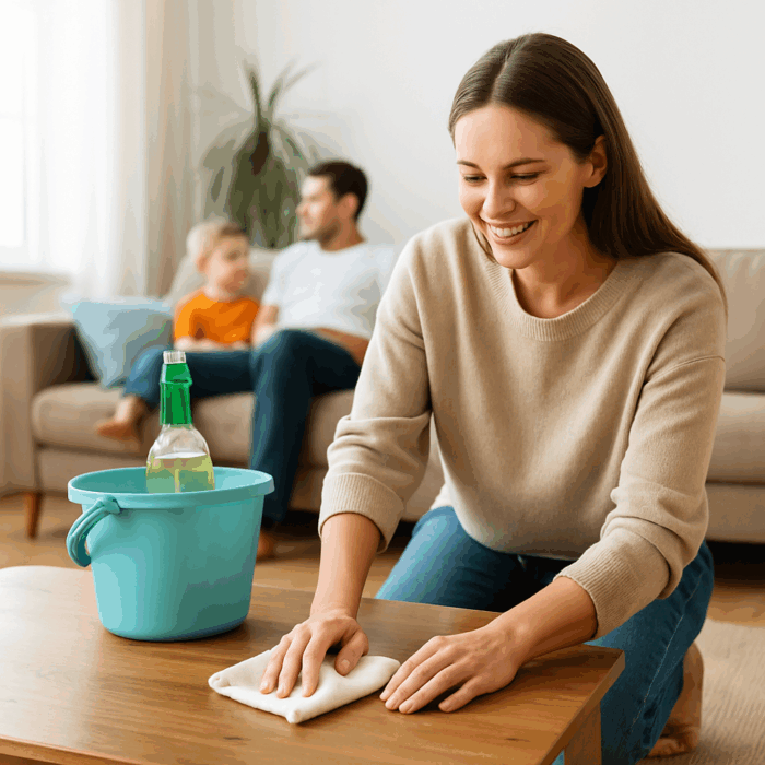 A smiling woman wipes down a wooden coffee table in a bright living room, while her husband and young son relax on a nearby sofa, surrounded by warm light and calm energy.