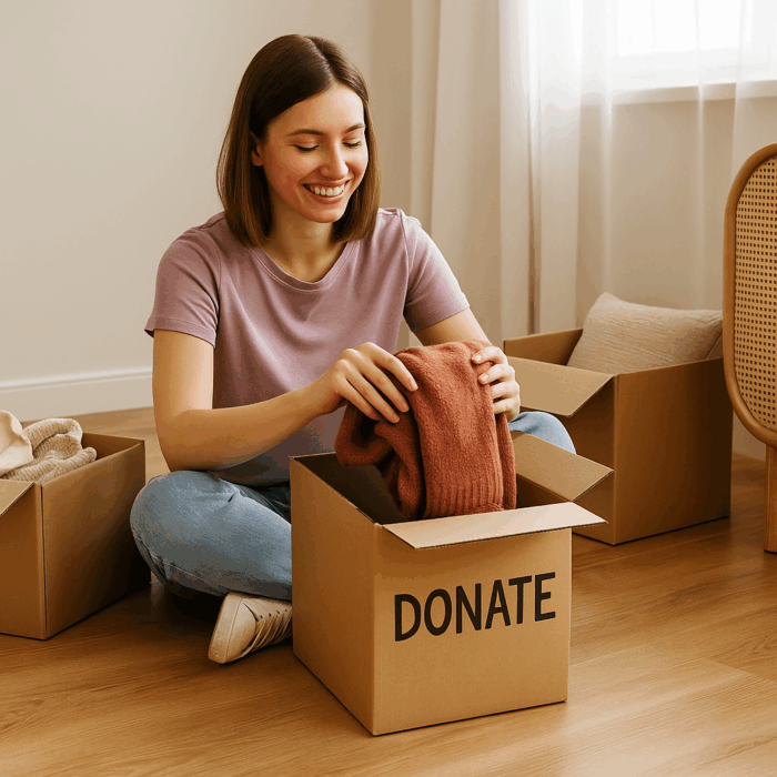 A smiling young woman sits cross-legged on the floor, packing clothes into a cardboard “donate” box, surrounded by moving supplies in a bright, cozy room.