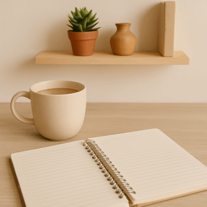 A beige ceramic mug and open notebook sit on a clean wooden surface with a minimalist shelf in the background, styled with a small succulent and neutral-toned decor.