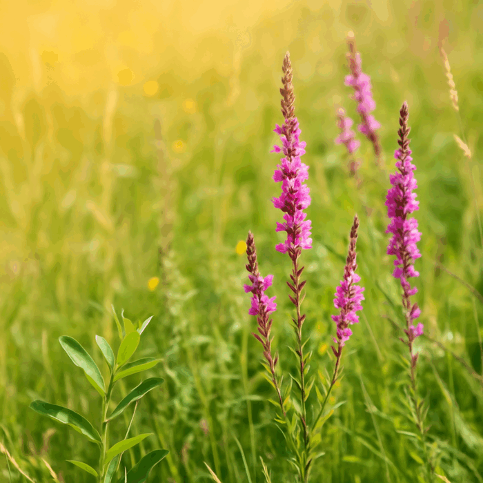 A sunlit meadow with tall green grass and blooming purple loosestrife flowers, softly glowing in golden morning light—evoking peace, natural beauty, and intentional simplicity.