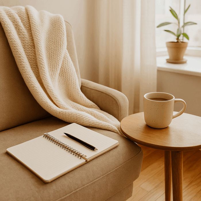 Cozy living room scene featuring a beige armchair with a chunky knit blanket, a wood table holding a coffee mug, and natural sunlight coming through sheer curtains.