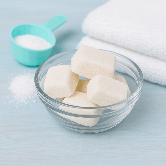 Glass bowl filled with homemade DIY laundry tablets next to a turquoise measuring scoop and folded white towels.