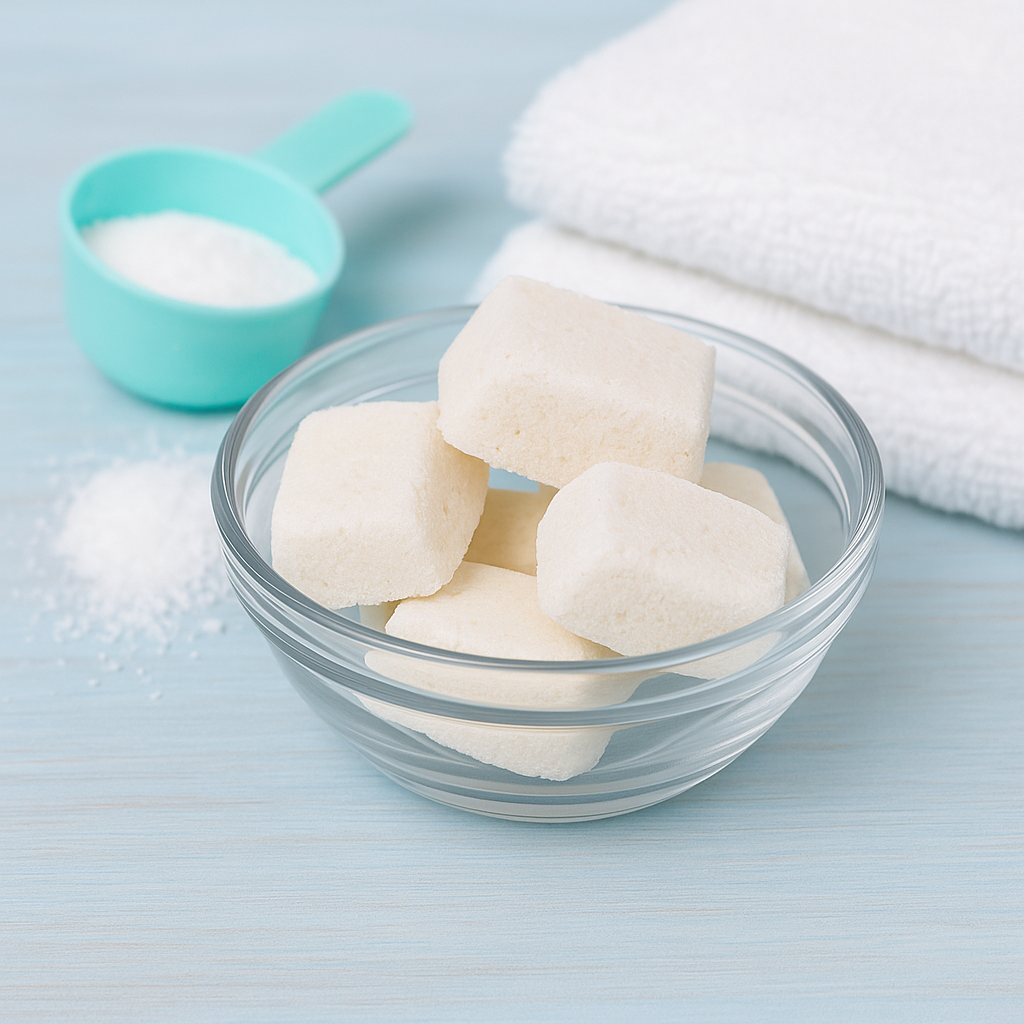 Glass bowl filled with homemade DIY laundry tablets next to a turquoise measuring scoop and folded white towels.