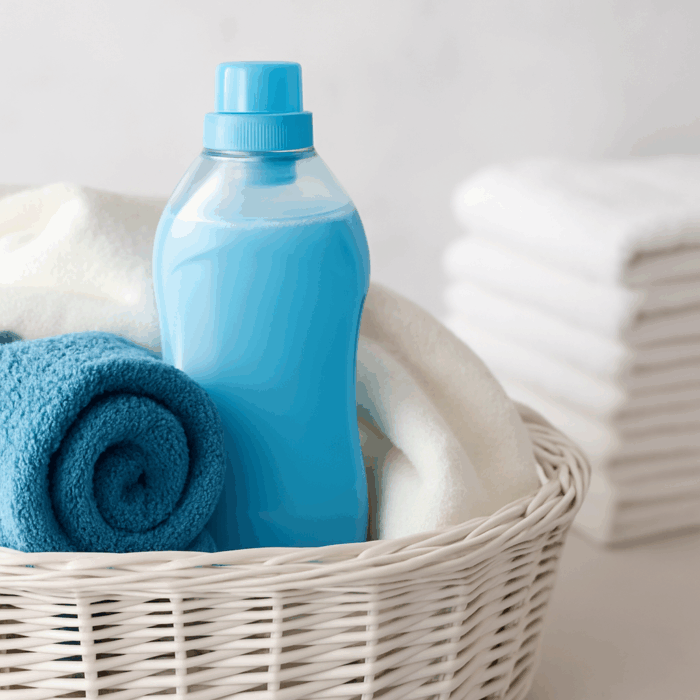 Close-up of a white wicker laundry basket filled with white and blue towels, featuring a blue fabric softener bottle.