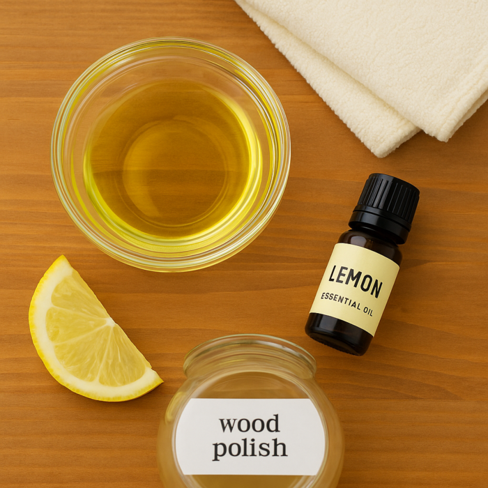Flat lay of DIY wood polish ingredients: a bowl of oil, a lemon essential oil bottle, a soft folded cloth, a lemon wedge, and a glass jar labeled “wood polish” on a polished wooden background.