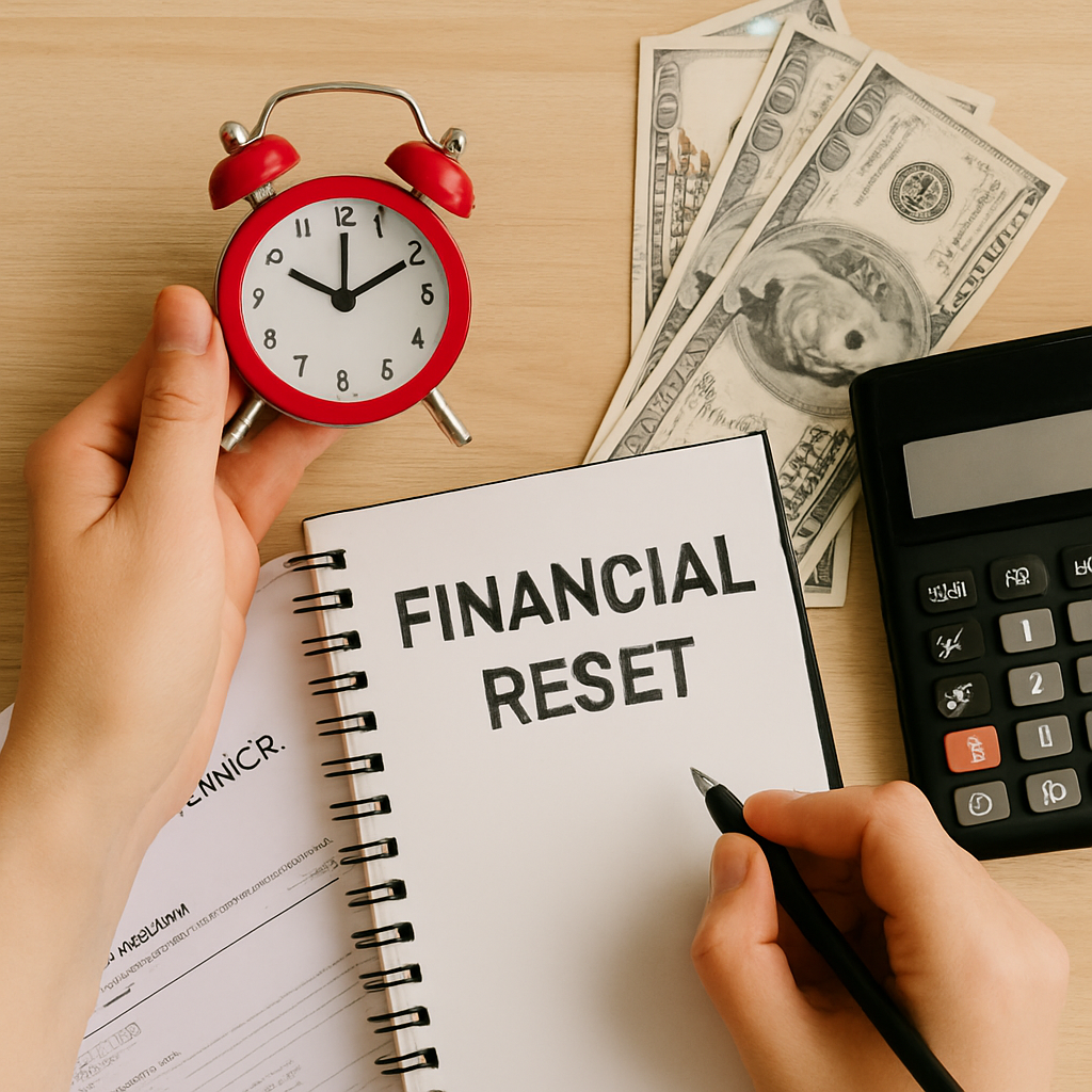A person holding a red alarm clock next to an open notebook labeled “Financial Reset,” surrounded by money, papers, and a calculator — representing time-conscious financial planning.