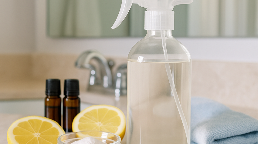 A clear glass spray bottle filled with homemade glass cleaner sits on a bathroom counter next to halved lemons, two amber essential oil bottles, a small bowl of powder, and a folded blue microfiber cloth.