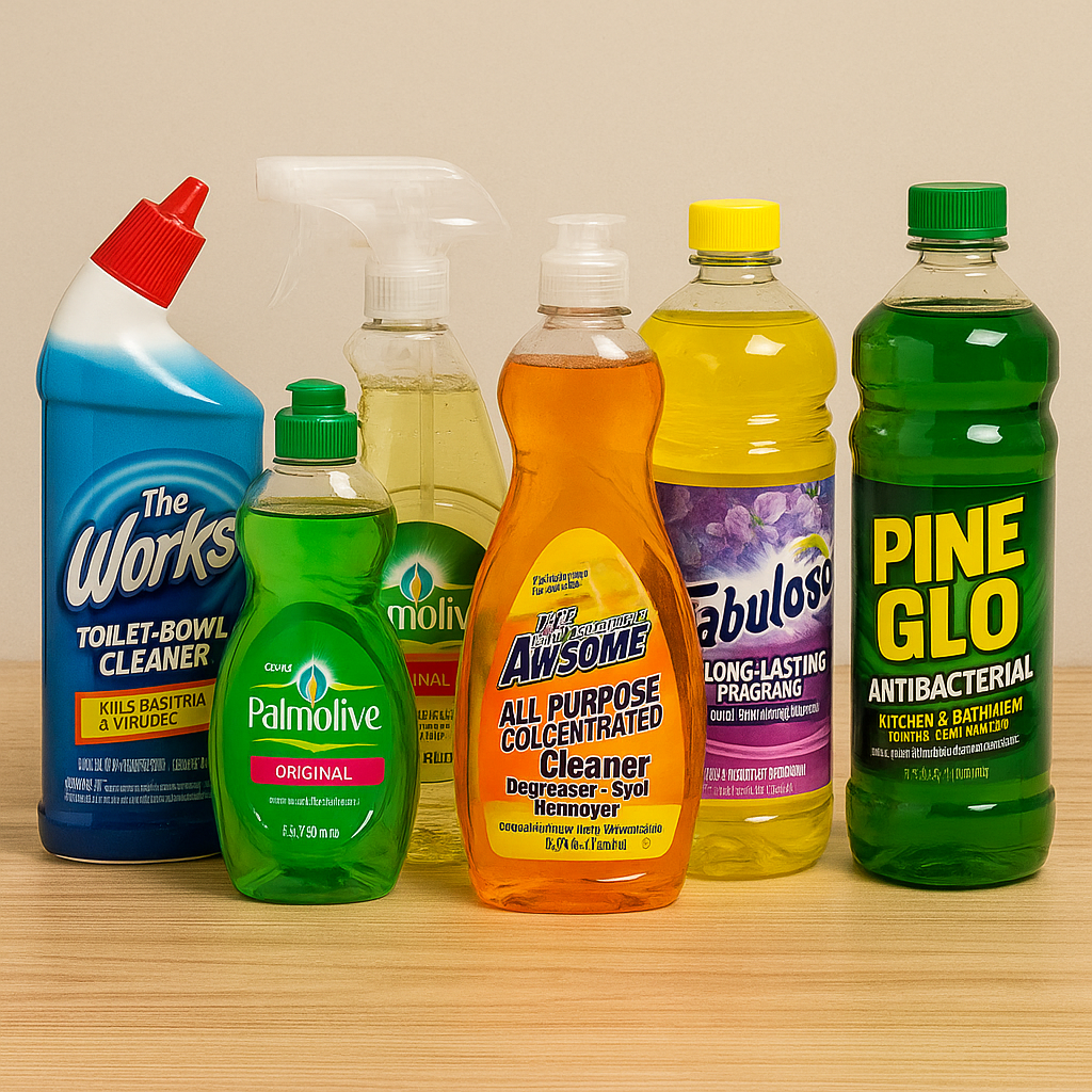 A group of Dollar Tree cleaning products, including The Works, Palmolive, Spic and Span, Fabuloso, and LA’s Totally Awesome, displayed on a beige background.