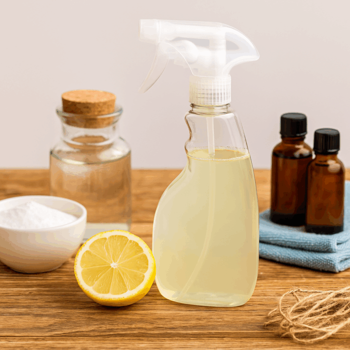 Eco-friendly cleaning supplies displayed with essential oils, a spray bottle, and lemons on a kitchen counter.