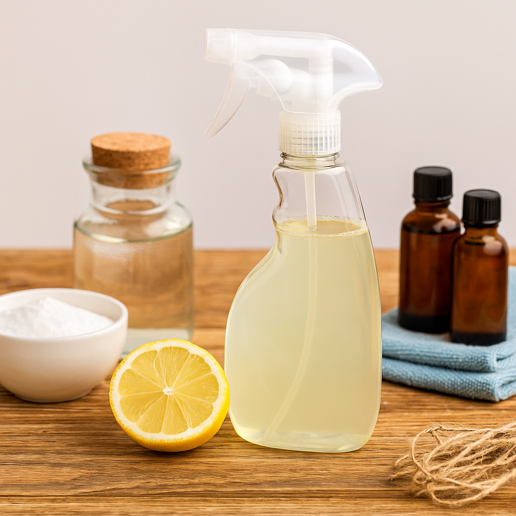 Eco-friendly cleaning supplies displayed with essential oils, a spray bottle, and lemons on a kitchen counter.