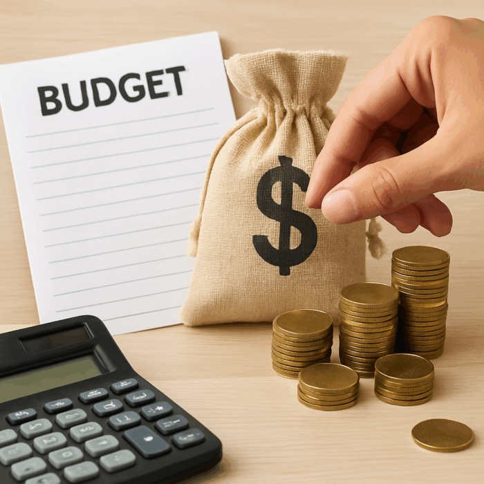 A hand carefully stacking coins next to a budget notebook, calculator, and burlap money bag — showing steady, hands-on budgeting and financial mindfulness.