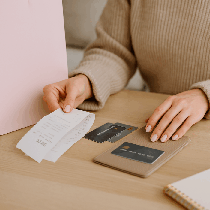 A woman’s hands sorting through receipts and credit cards on a wooden table, highlighting the connection between spending behavior and financial awareness.