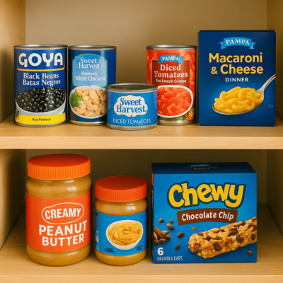 Two pantry shelves filled with emergency food items from Dollar Tree including canned beans, diced tomatoes, canned chicken, mac & cheese, peanut butter, and granola bars.