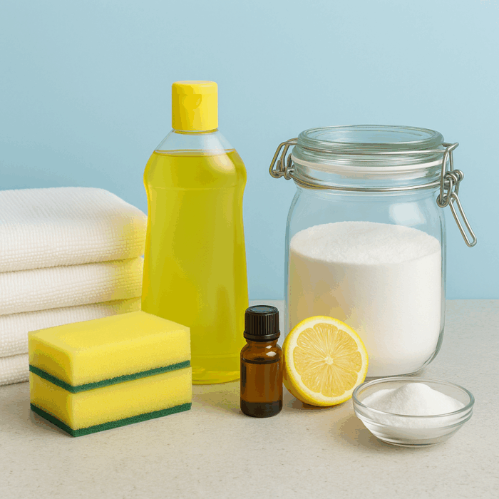 Collection of household cleaning supplies including yellow sponges, a bottle of cleaner, a jar of baking soda, a lemon, and essential oils on a light gray surface.