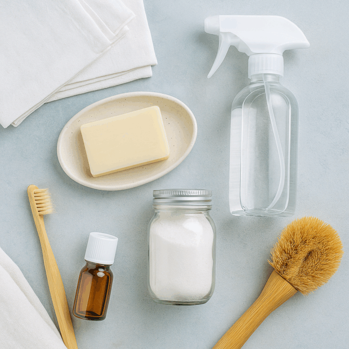 Cozy arrangement of DIY ingredients featuring baking soda, a halved lemon, natural cleaner bottles, a wooden brush, and towels on a wooden table.