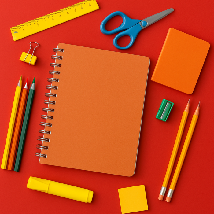 Overhead view of an orange spiral notebook surrounded by brightly colored pencils, scissors, sticky notes, and a ruler on a bold red backdrop