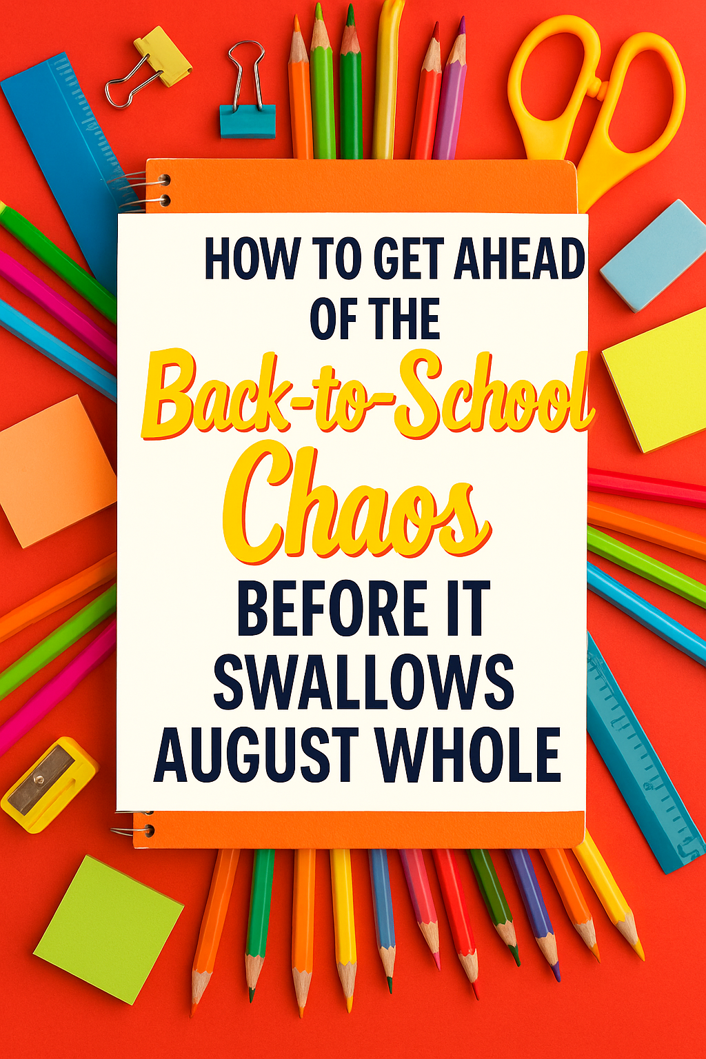 Pinterest graphic with vibrant school supplies surrounding an orange notebook. The text reads “How to Get Ahead of the Back-to-School Chaos Before It Swallows August Whole,” using layered fonts and bold, colorful style.