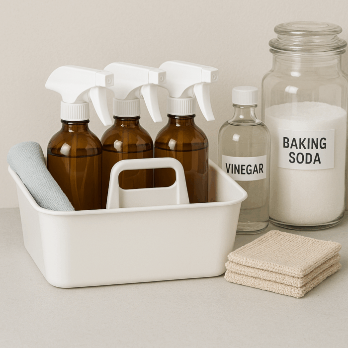 Organized DIY cleaning station with amber spray bottles, glass jars labeled vinegar and washing soda, and stacked cloths inside a white cabinet.