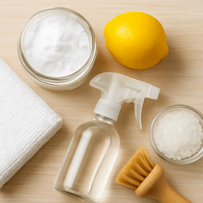 Flat lay of DIY natural cleaning supplies with a lemon, spray bottle, baking soda, sea salt, a cleaning brush, and a folded towel on a wood background.