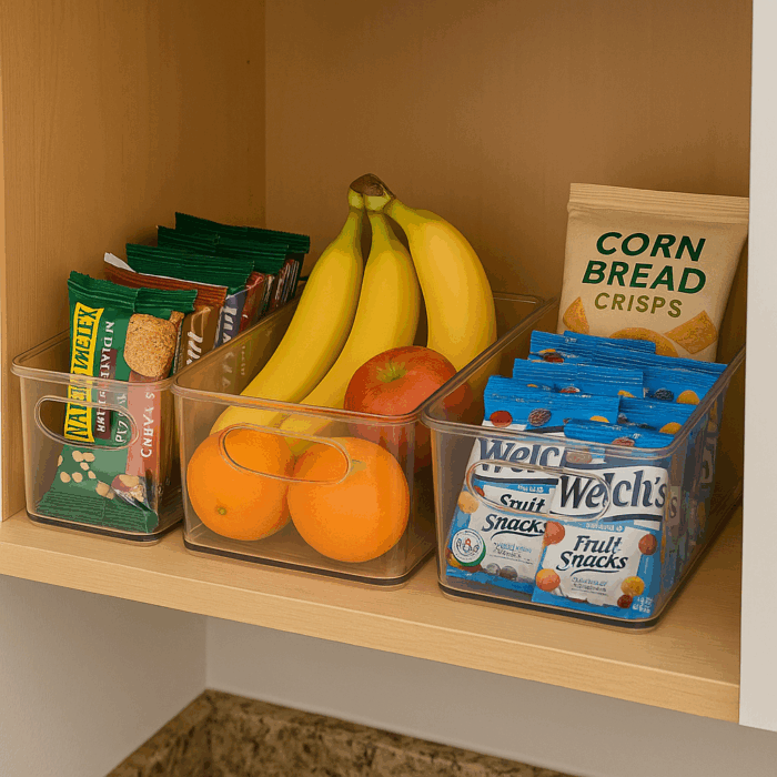 Pantry shelf with clear bins full of grab-and-go after-school snacks.