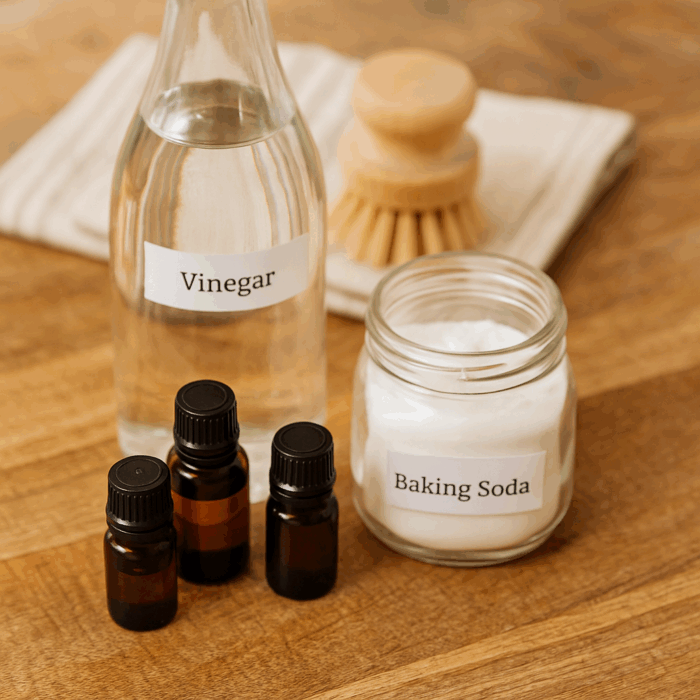 Close-up view of natural cleaning essentials including vinegar, baking soda, and essential oils on a wooden table.