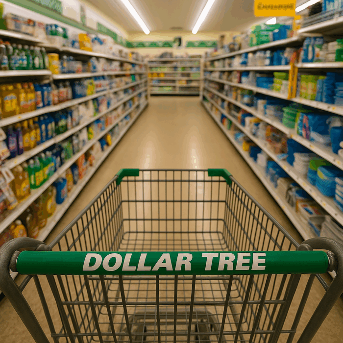 A shopping cart filled with household items sits in a clean, brightly lit Dollar Tree store aisle stocked with snacks, cleaning supplies, and everyday essentials.