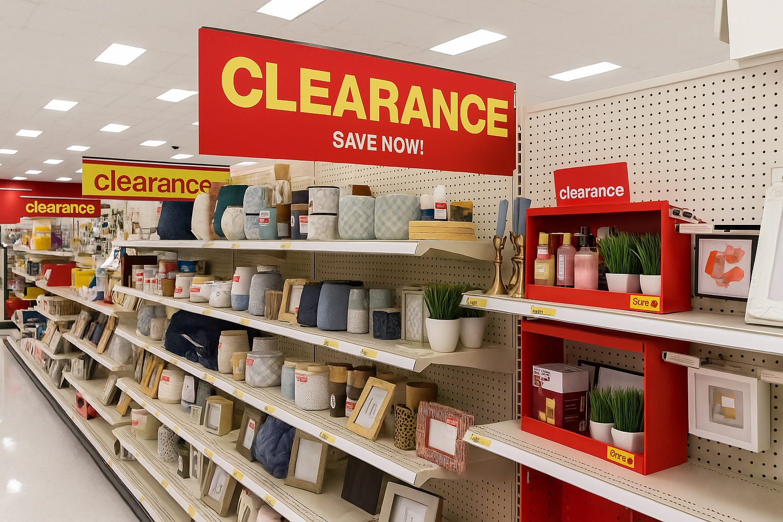 A store clearance section featuring red and yellow discount signs and neatly arranged products.