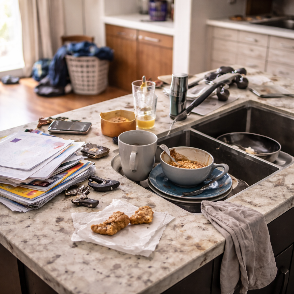 Cluttered kitchen counter with dirty dishes in the sink, stacked papers, keys, phone, and food leftovers, showing everyday mess that builds up from daily routines.