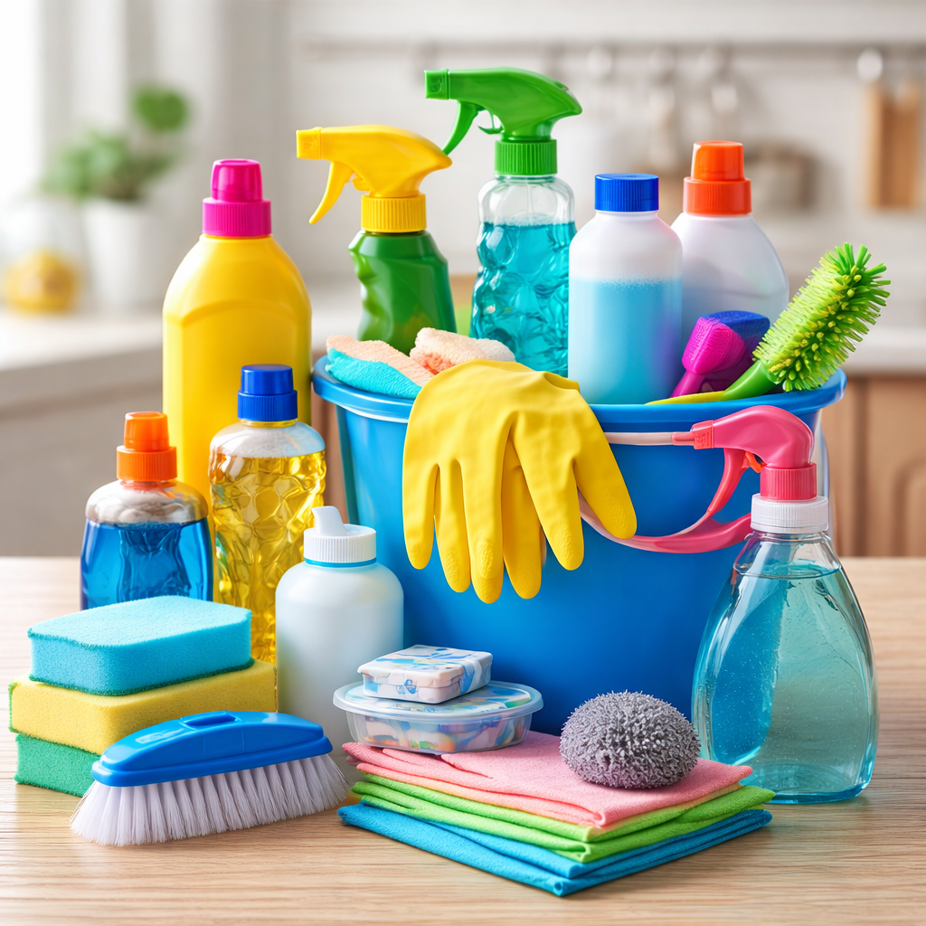 Colorful cleaning supplies in a bucket including sprays, sponges, gloves, and brushes arranged on a kitchen counter
