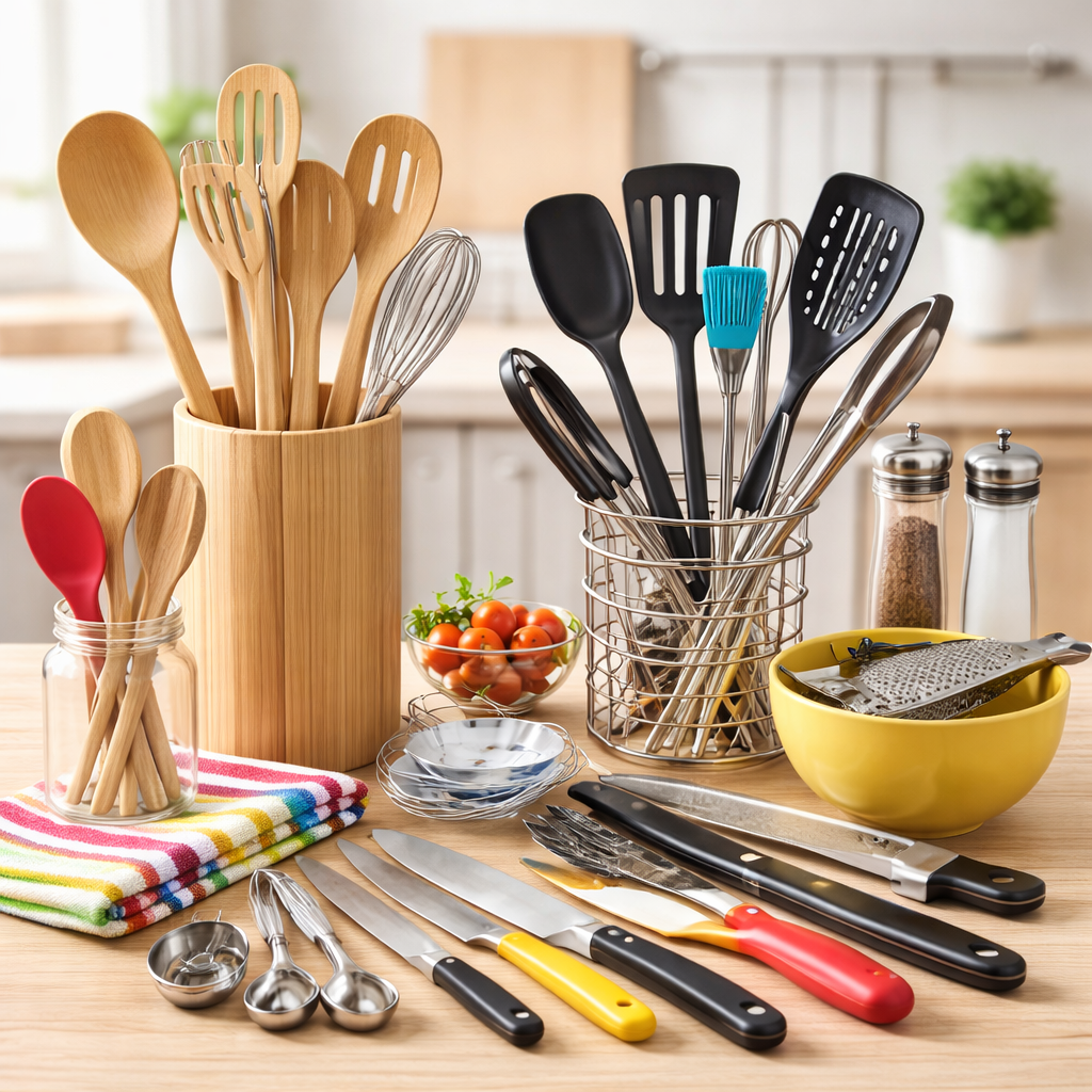 Assorted kitchen utensils including wooden spoons, spatulas, whisks, knives, and measuring spoons arranged on a countertop with containers and dish towels