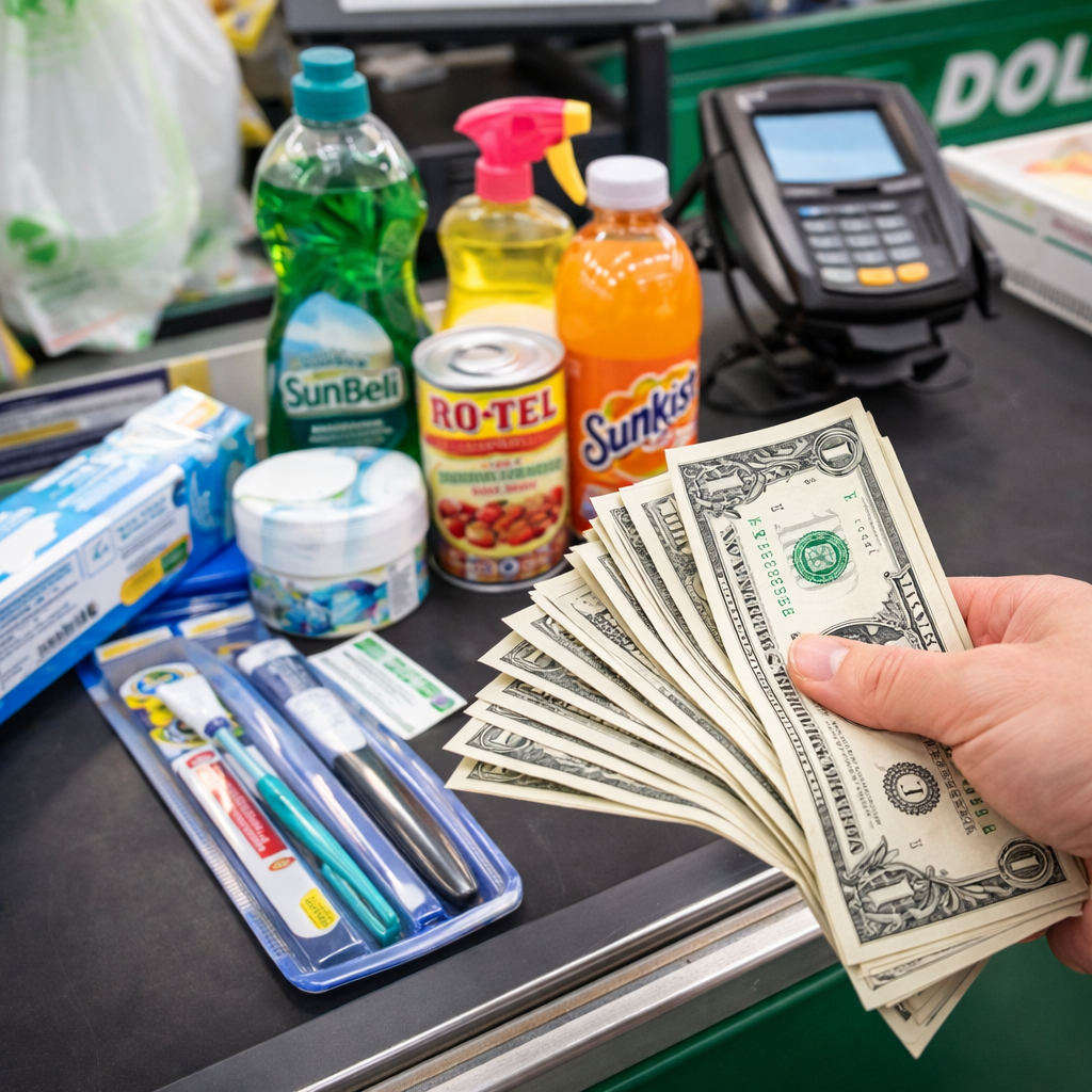 Dollar Tree checkout with household items like cleaning supplies, canned food, and toiletries alongside cash being held in hand