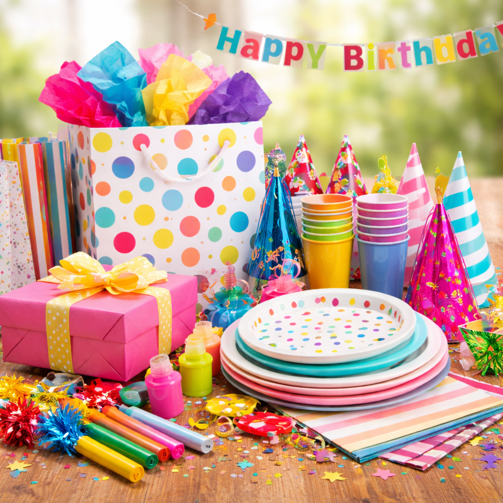 Dollar Tree party supplies including gift bags, tissue paper, paper plates, cups, and birthday decorations for budget-friendly celebrations