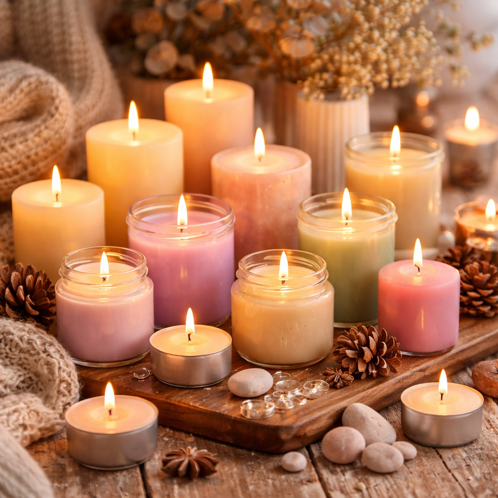 Dollar Tree candles in jars and pillars displayed as affordable home decor and everyday essentials