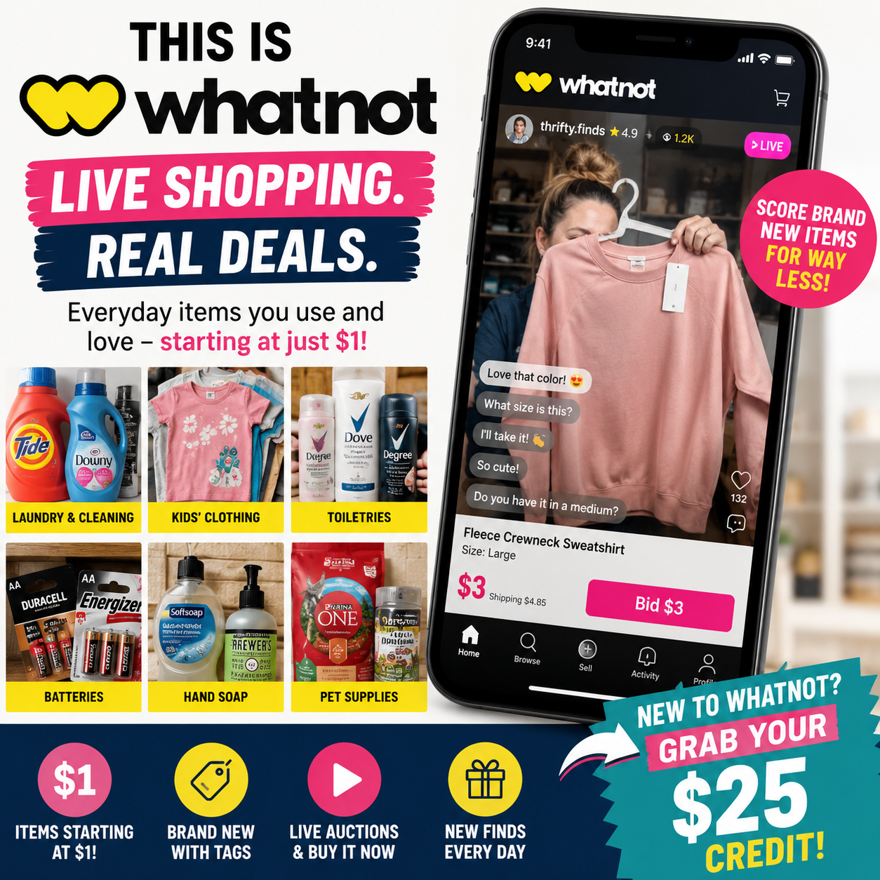 What is Whatnot? Learn how shoppers are finding deals on kids' clothes, laundry detergent, batteries, toiletries, pet supplies, and everyday household essentials through Whatnot live shopping and auctions.