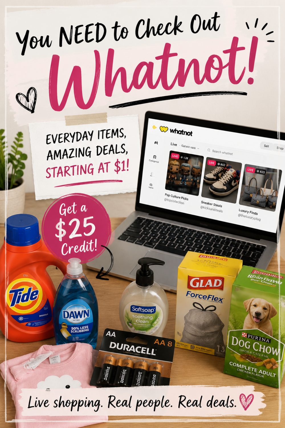Whatnot live shopping platform where shoppers find deals on kids' clothes, laundry detergent, batteries, pet supplies, toiletries, and other everyday essentials starting at surprisingly low prices.