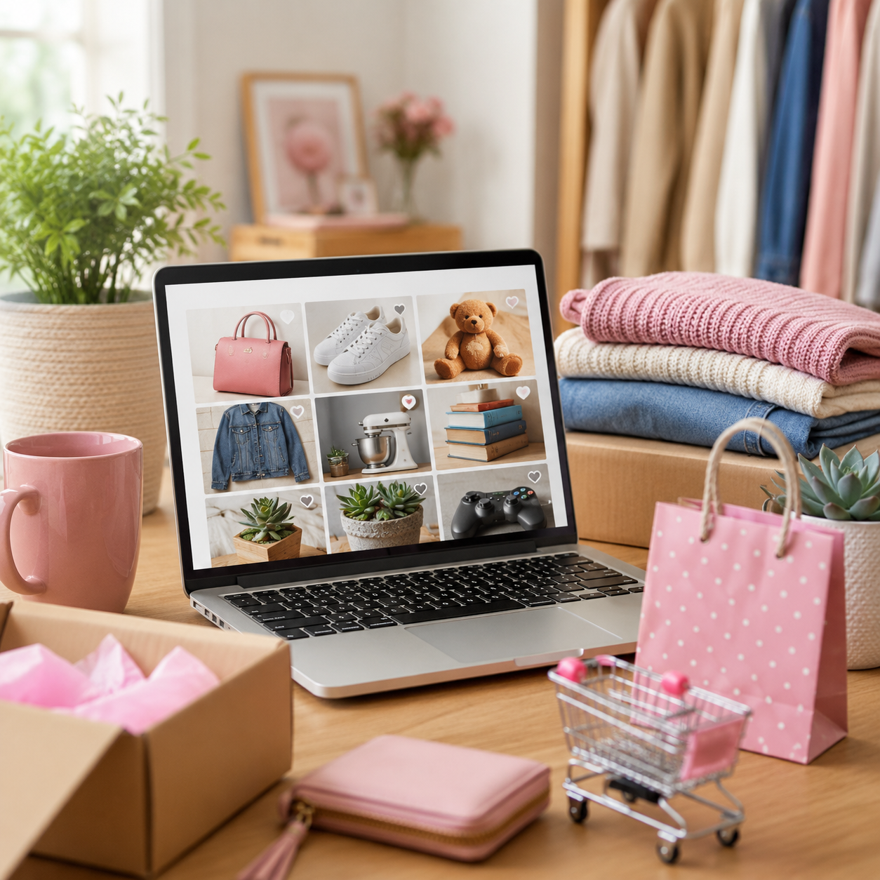 Laptop displaying Mercari listings surrounded by clothing, books, toys, and household items, illustrating how to shop online for bargains and sell unwanted items for extra cash.