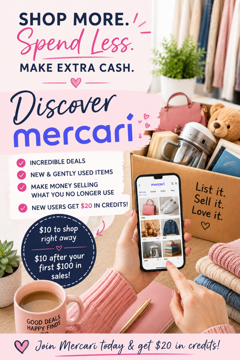 Looking for an easy way to save money and make extra cash? Learn how to use Mercari to buy discounted toys, clothes, home décor, kitchen gadgets, books, electronics, and more. This beginner's guide explains how Mercari works, tips for buying and selling, how to earn money by decluttering your home, and how new users can get up to $20 in Mercari credits. If you love frugal living, side hustles, budgeting, online selling, and finding great deals, this guide is for you. #Mercari #FrugalLiving #SideHustle #MakeMoneyFromHome #SaveMoney #OnlineSelling #Declutter #BudgetLiving #Deals #Reselling