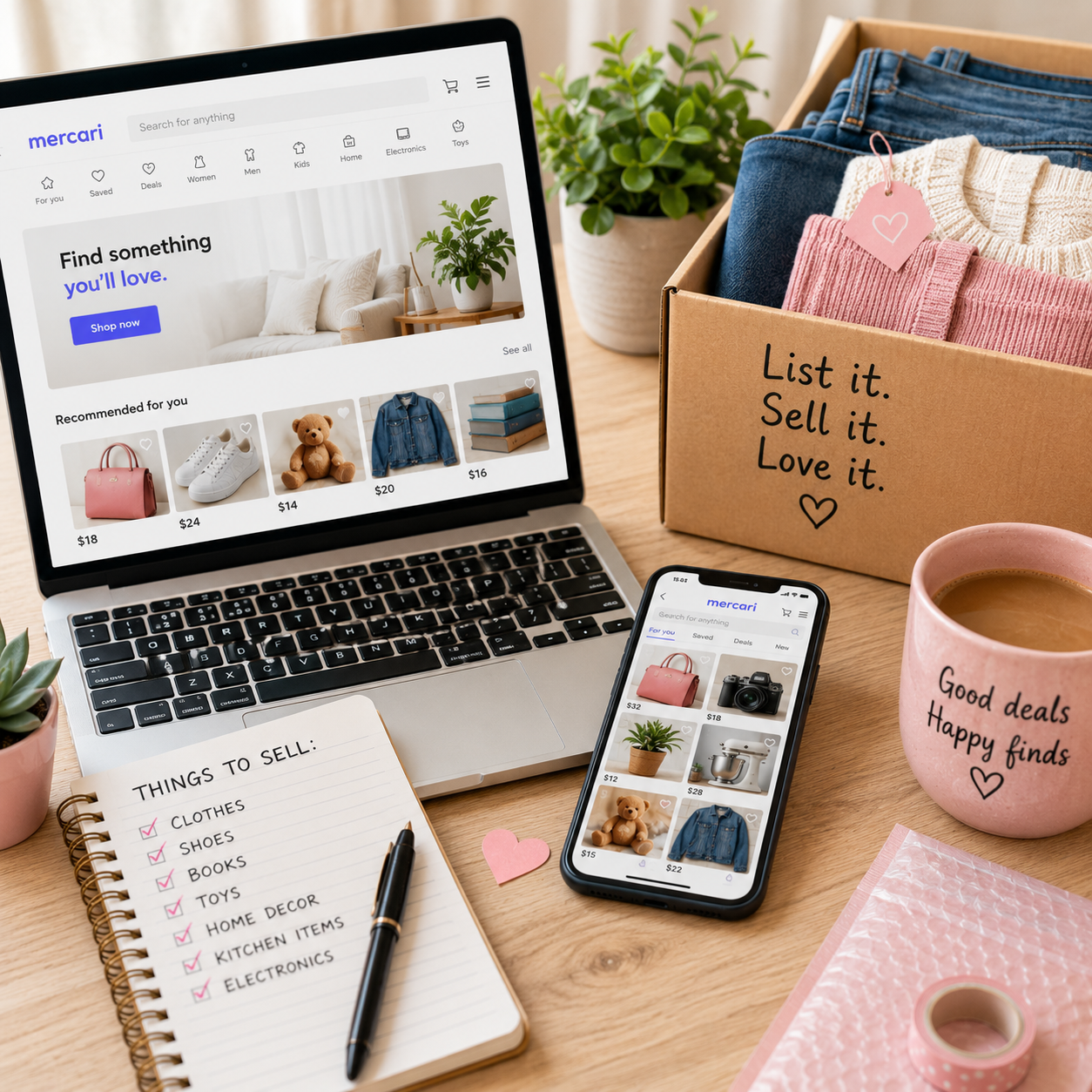 Mercari marketplace displayed on a laptop and smartphone beside a box of clothes ready to sell, illustrating how to buy discounted items and make money selling online.