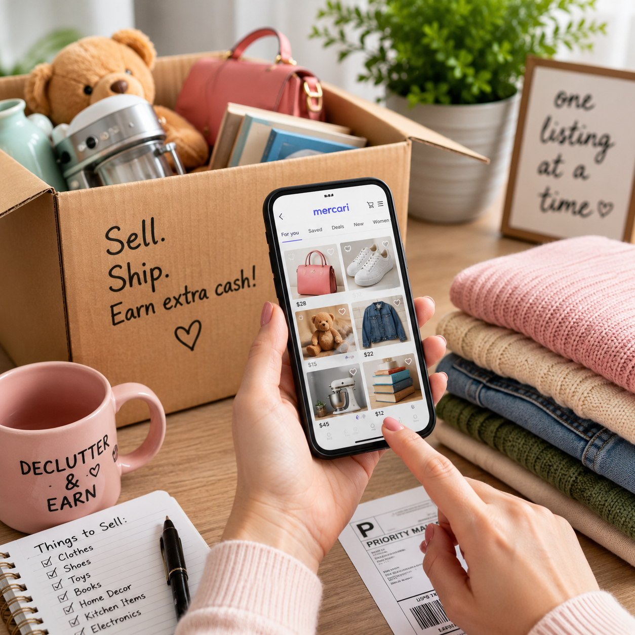 Hand using the Mercari app on a smartphone beside a donation box filled with household items, showing how to declutter, sell unwanted items online, and earn extra money from home.