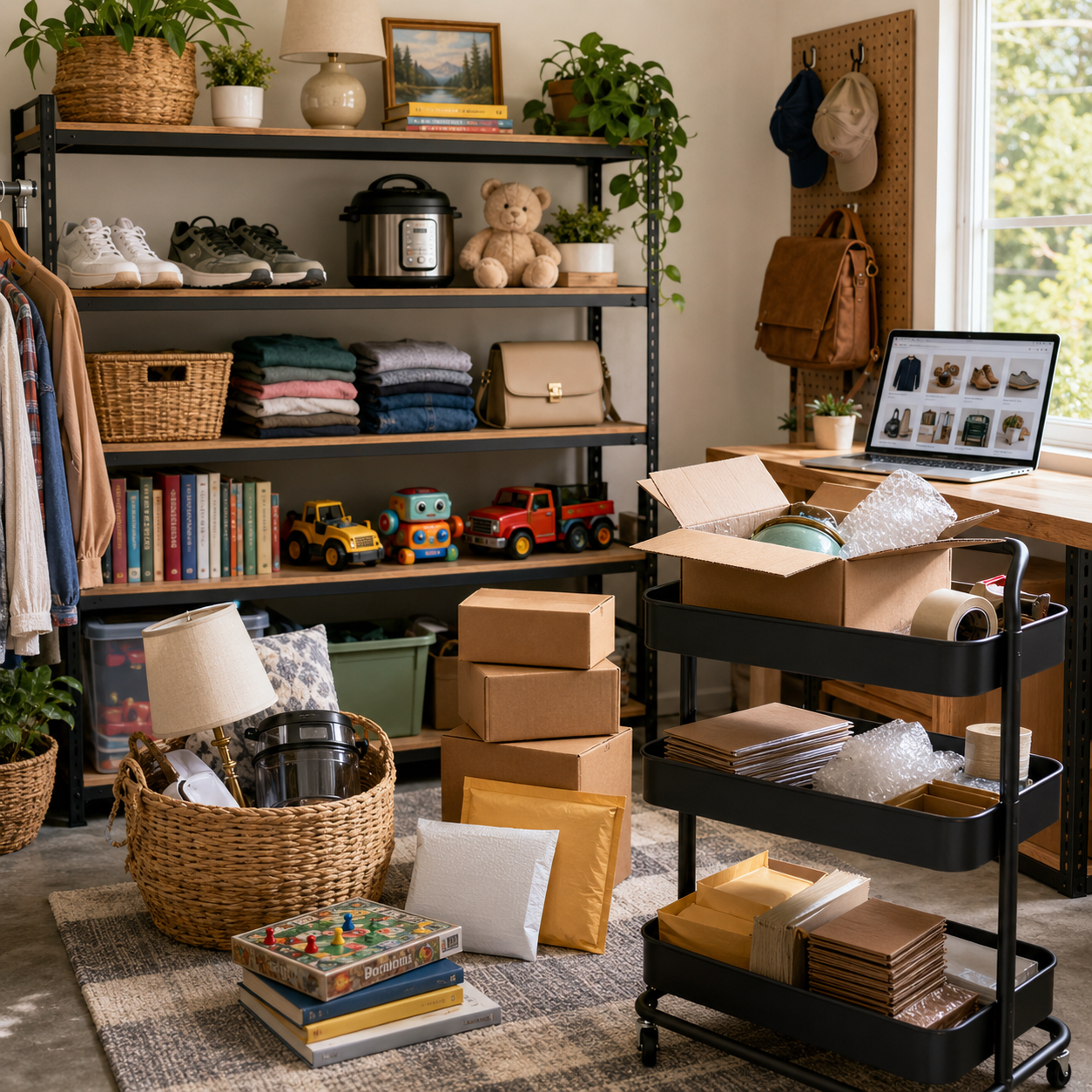 Organized home reselling setup with shelves of clothing, shoes, toys, books, shipping boxes, and packing supplies for selling on eBay.