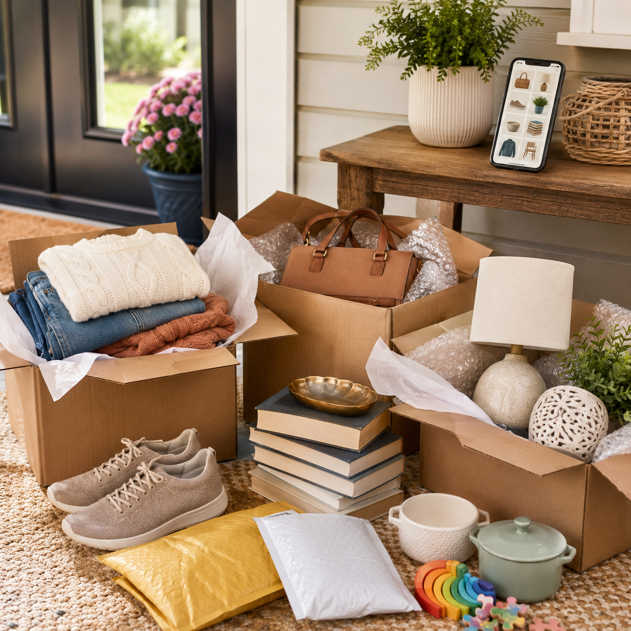 Open cardboard boxes filled with clothing, shoes, books, home decor, and packing supplies for shopping and selling on eBay from home.