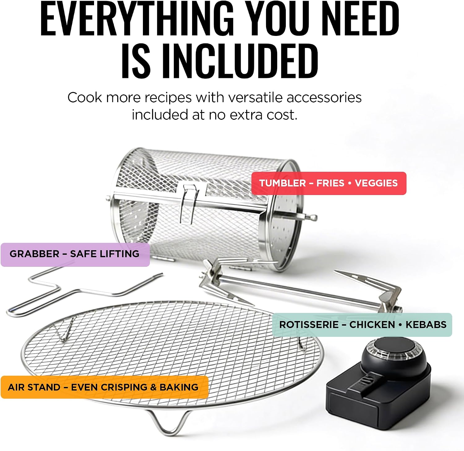 Fritaire air fryer accessories including a tumbler basket, rotisserie spit, lifting grabber, air stand, and cooking control unit.