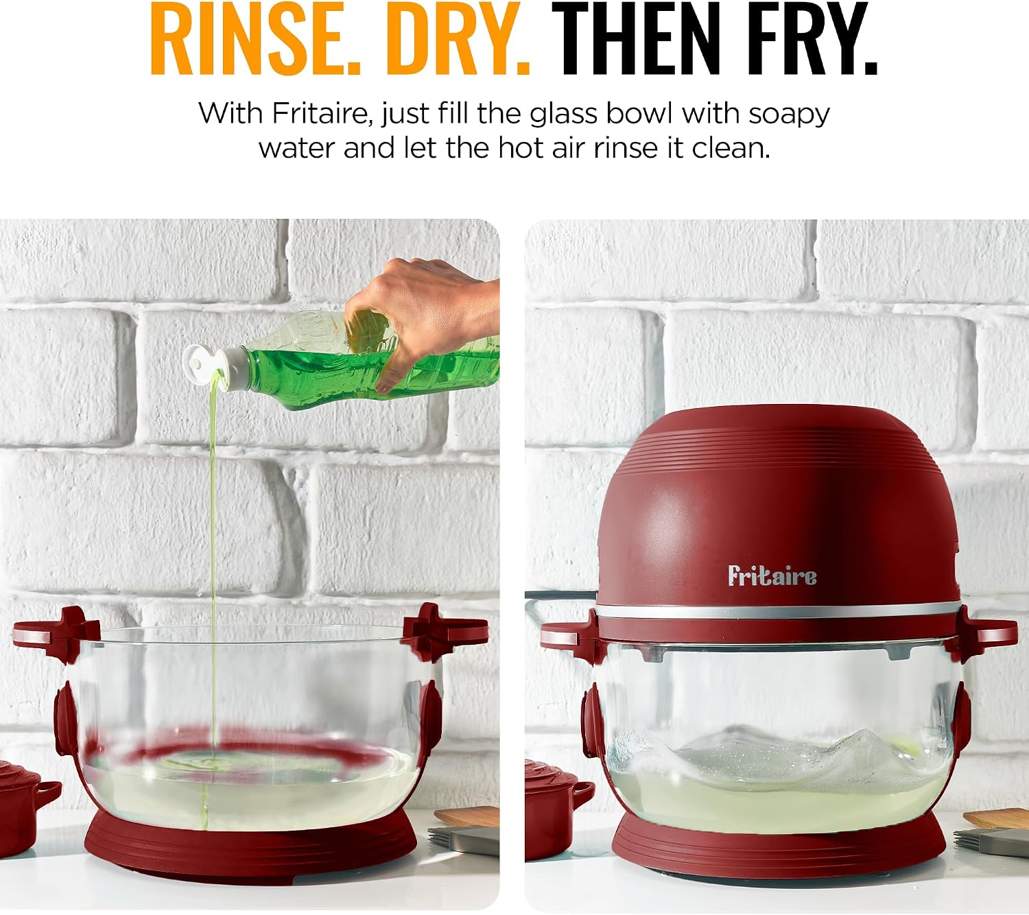Fritaire glass air fryer self-cleaning feature showing dish soap added to the glass bowl before the hot air rinse cycle.