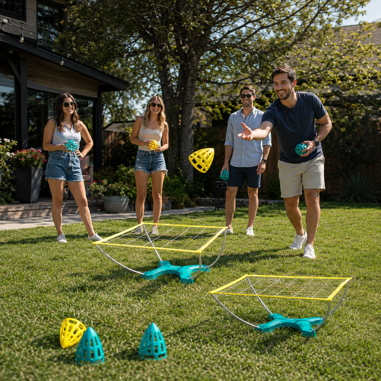 Group of friends playing Cone Toss in a backyard with yellow and teal toss cones and net targets on the grass.