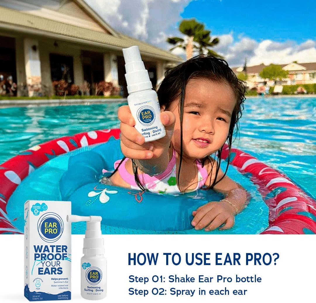 a young girl in an outdoor pool holding up Ear Pro Spray