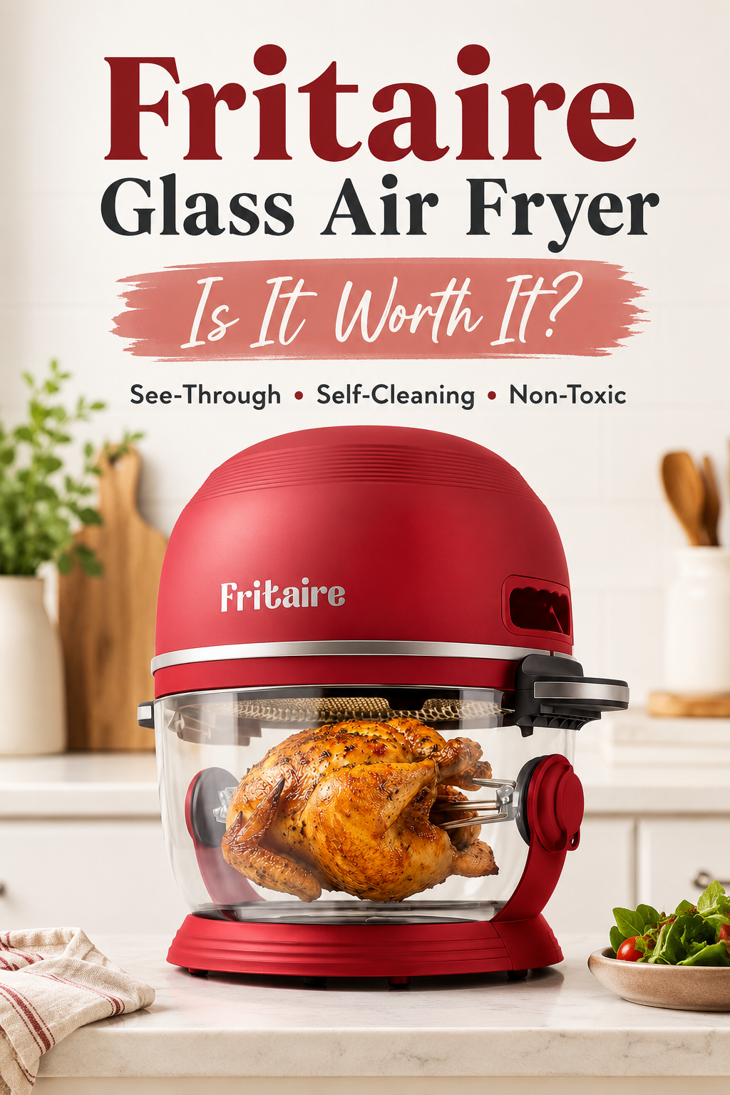 Looking for a glass air fryer without a traditional nonstick-coated basket? Take a closer look at the Fritaire Glass Air Fryer, featuring a clear 5-quart cooking bowl, stainless steel accessories, rotisserie and tumbler options, and a self-cleaning setting. See how it works, what it can cook, and what to know before buying.