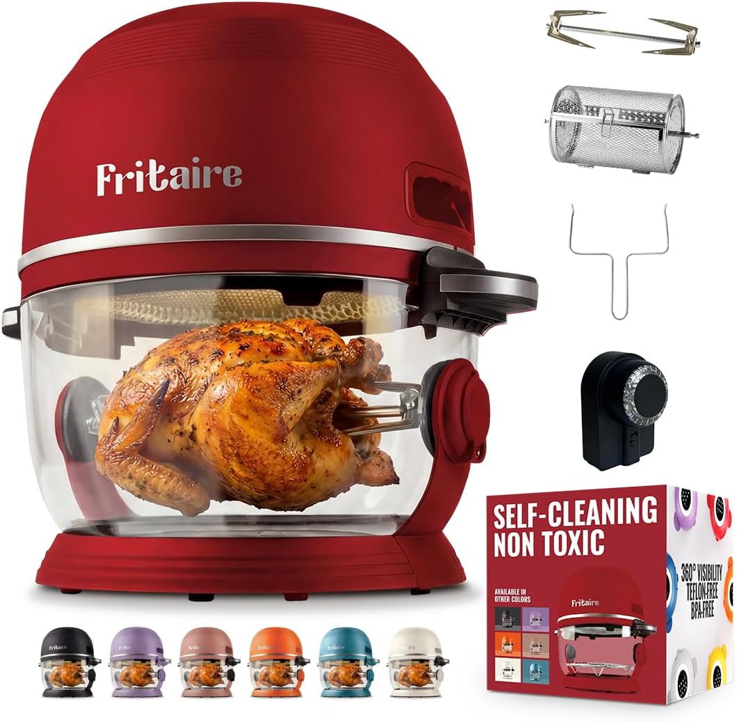 Red Fritaire glass air fryer with rotisserie chicken, tumbler basket, cooking accessories, and product packaging.